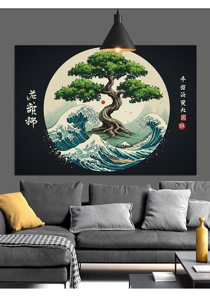 Japon Dalgası ve Dağ Dekoratif Kanvas - Mdf Ahşap Tablo