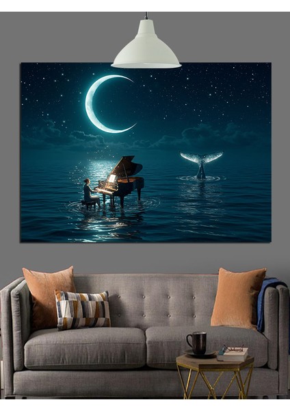 Dolunay Deniz Piyano Müzik Dekoratif Kanvas - Mdf Ahşap Tablo