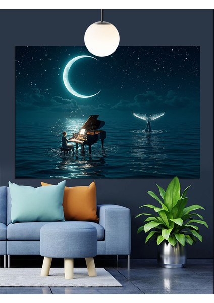 Dolunay Deniz Piyano Müzik Dekoratif Kanvas - Mdf Ahşap Tablo modelleri