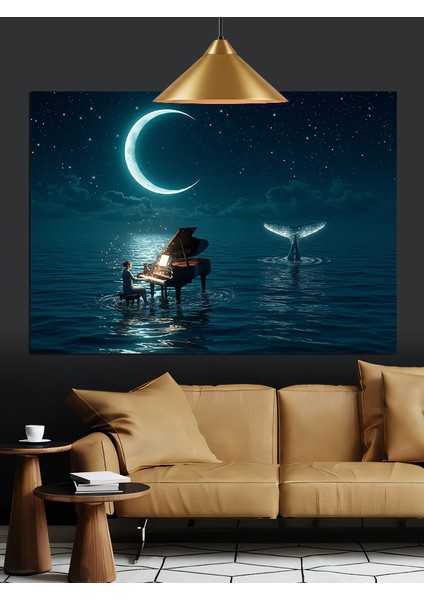 Dolunay Deniz Piyano Müzik Dekoratif Kanvas - Mdf Ahşap Tablo fırsatları