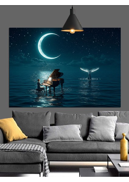 Dolunay Deniz Piyano Müzik Dekoratif Kanvas - Mdf Ahşap Tablo indirimleri