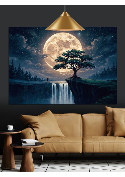 Şelale ve Dolunay Işığı Dekoratif Kanvas - Mdf Ahşap Tablo