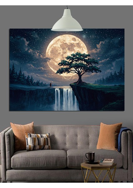 Şelale ve Dolunay Işığı Dekoratif Kanvas - Mdf Ahşap Tablo modelleri