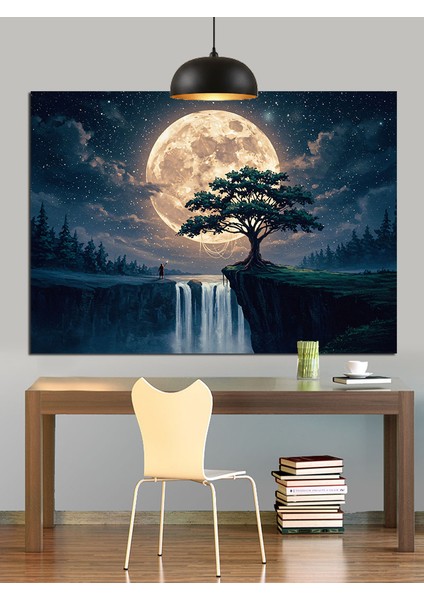 Şelale ve Dolunay Işığı Dekoratif Kanvas - Mdf Ahşap Tablo fırsatları