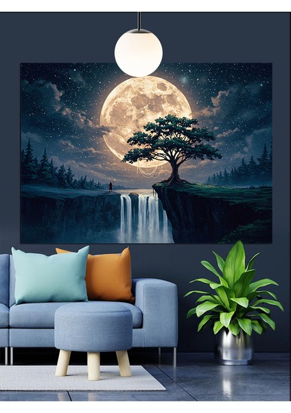 Şelale ve Dolunay Işığı Dekoratif Kanvas - Mdf Ahşap Tablo indirimleri