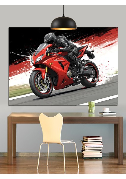 Kırmızı Motosiklet Hız Yarış Dekoratif Kanvas - Mdf Ahşap Tablo