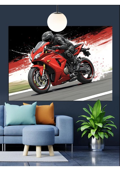 Kırmızı Motosiklet Hız Yarış Dekoratif Kanvas - Mdf Ahşap Tablo fiyatları
