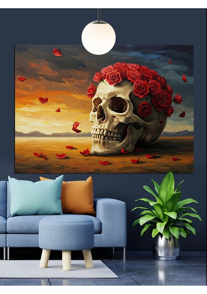 Çiçekli Kırmızı Kafatası Illüstrasyon Dekoratif Kanvas - Mdf Ahşap Tablo
