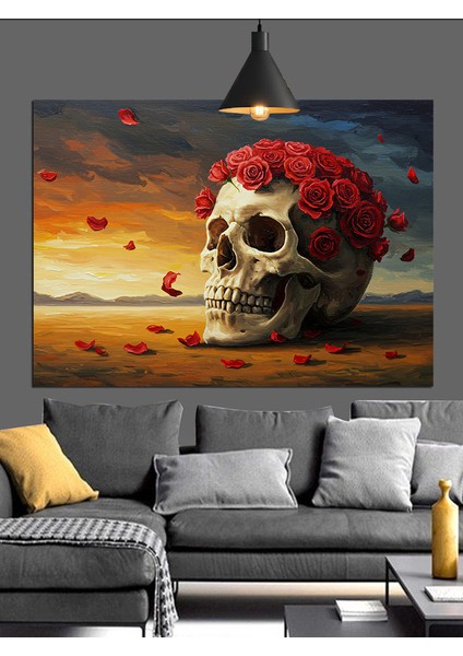 Çiçekli Kırmızı Kafatası Illüstrasyon Dekoratif Kanvas - Mdf Ahşap Tablo modelleri