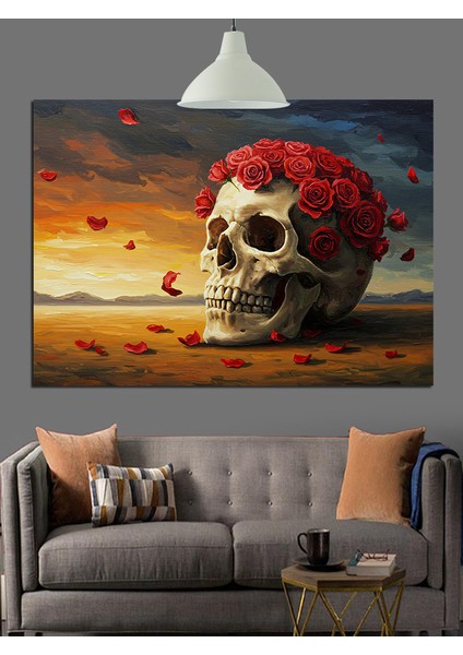 Çiçekli Kırmızı Kafatası Illüstrasyon Dekoratif Kanvas - Mdf Ahşap Tablo fırsatları