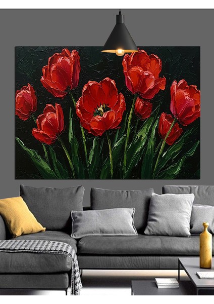 Kırmızı Lale Bahçesi Dekoratif Kanvas - Mdf Ahşap Tablo