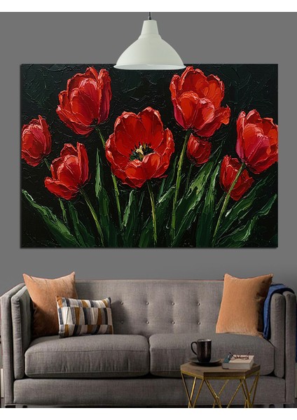 Kırmızı Lale Bahçesi Dekoratif Kanvas - Mdf Ahşap Tablo fiyatları
