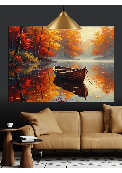 Sonbahar Yaprakları ve Göl Dekoratif Kanvas - Mdf Ahşap Tablo