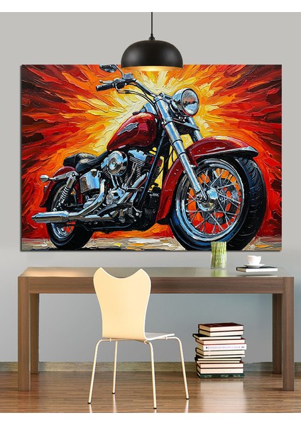 Kırmızı Motorlu Sanatsal Motosiklet Dekoratif Kanvas - Mdf Ahşap Tablo
