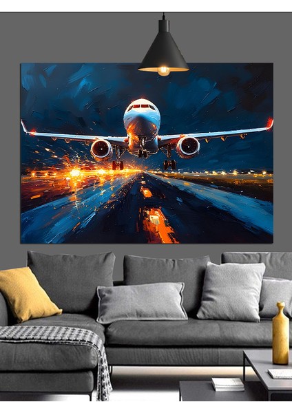 Uçak Iniş Pisti Gece Dekoratif Kanvas - Mdf Ahşap Tablo