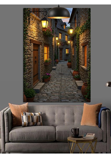 Avrupa'da Taş Duvarlı Dar Sokak Dekoratif Kanvas - Mdf Ahşap Tablo