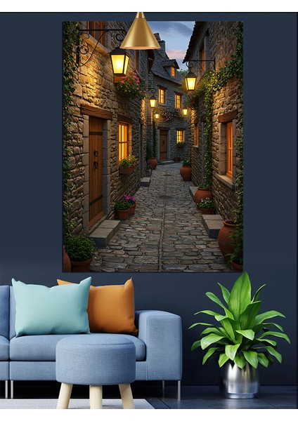 Avrupa'da Taş Duvarlı Dar Sokak Dekoratif Kanvas - Mdf Ahşap Tablo fiyatları