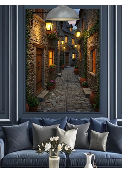 Avrupa'da Taş Duvarlı Dar Sokak Dekoratif Kanvas - Mdf Ahşap Tablo indirimleri