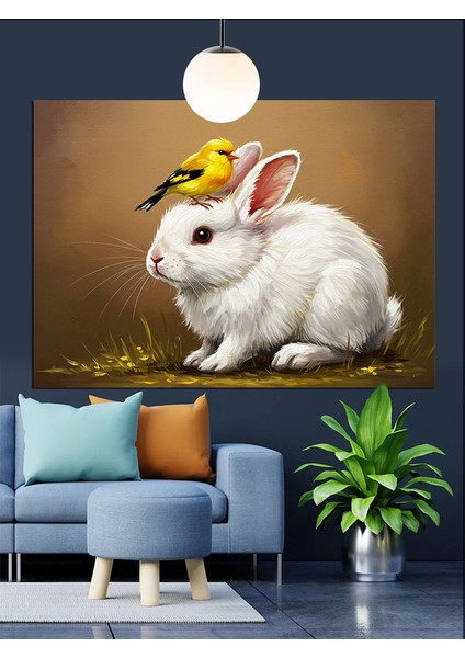 Kuşlu Beyaz Tavşan Dekoratif Kanvas - Mdf Ahşap Tablo fırsatları