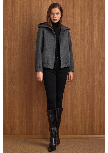 Kapüşonlu Beli Lastikli Oversize Kısa Kaban KOYU GRİ 3162