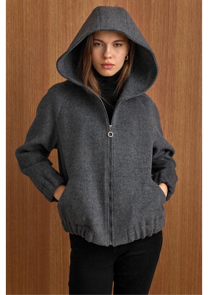 Kapüşonlu Beli Lastikli Oversize Kısa Kaban KOYU GRİ 3162 fiyatları