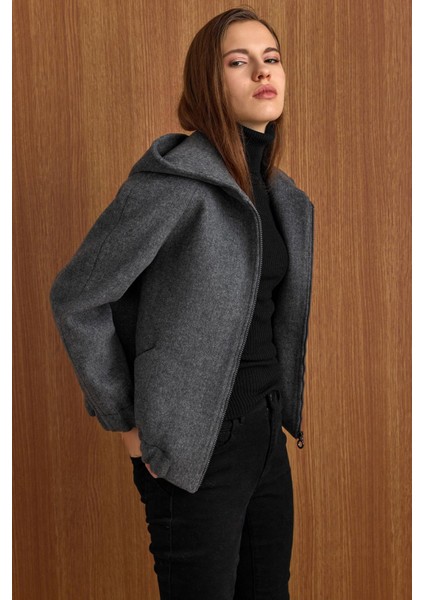 Kapüşonlu Beli Lastikli Oversize Kısa Kaban KOYU GRİ 3162 modelleri