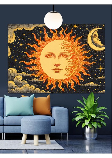 Yüzlü Güneş Çizimi Dekoratif Kanvas - Mdf Ahşap Tablo fırsatları