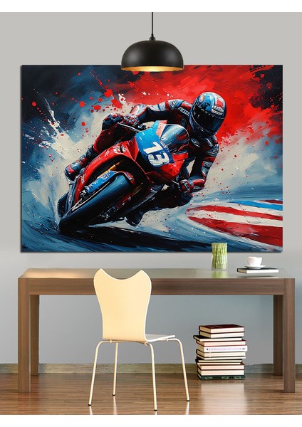 Kırmızı Mavi Motosiklet Hız Dekoratif Kanvas - Mdf Ahşap Tablo