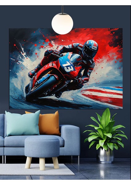 Kırmızı Mavi Motosiklet Hız Dekoratif Kanvas - Mdf Ahşap Tablo fiyatları