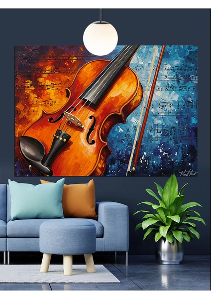 Keman Alevli Müzik Enstrümanı Dekoratif Kanvas - Mdf Ahşap Tablo