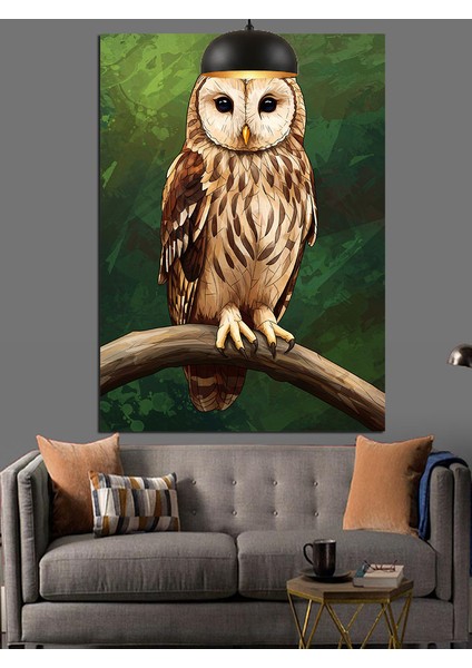 Büyük Gözlü Kahverengi Baykuş Oturuşu Dekoratif Kanvas - Mdf Ahşap Tablo