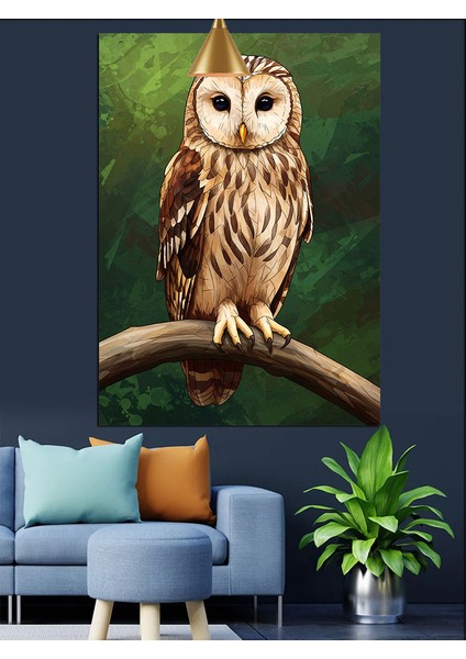 Büyük Gözlü Kahverengi Baykuş Oturuşu Dekoratif Kanvas - Mdf Ahşap Tablo fiyatları