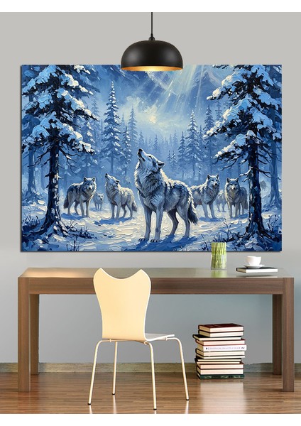 Karlı Ormanda Vahşi Kurtlar Dekoratif Kanvas - Mdf Ahşap Tablo
