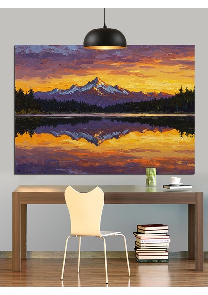 Gün Batımı Göl Dağ Manzara Dekoratif Kanvas - Mdf Ahşap Tablo