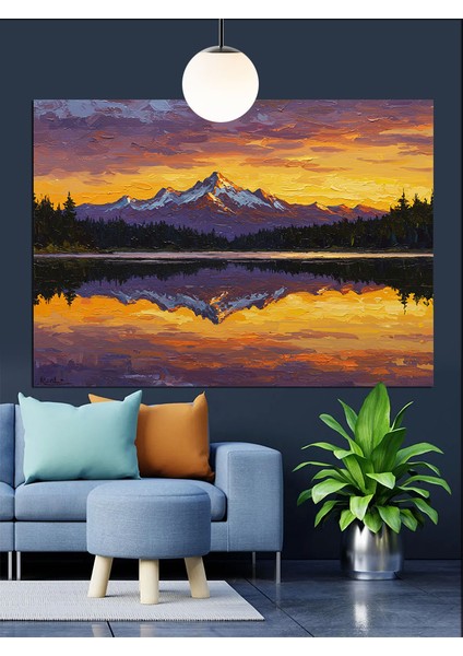 Gün Batımı Göl Dağ Manzara Dekoratif Kanvas - Mdf Ahşap Tablo fiyatları