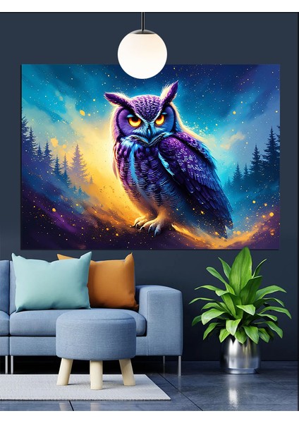 Parlak Mavi Baykuş Portresi Dekoratif Kanvas - Mdf Ahşap Tablo