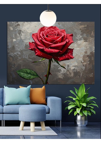 Tek Kırmızı Gül Detayı Dekoratif Kanvas - Mdf Ahşap Tablo