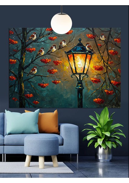Sokak Lambası Yanan Fener Dekoratif Kanvas - Mdf Ahşap Tablo