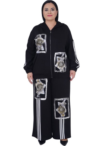 Kadın Ekstra Battal Kapüşonlu Viskon Fermuarlı Alt Üst Takım