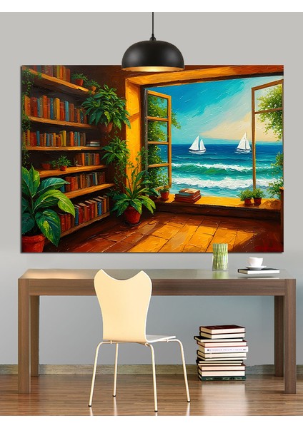 Kitaplıklı Deniz Manzaralı Oda Dekoratif Kanvas - Mdf Ahşap Tablo