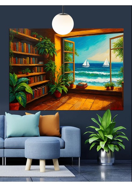 Kitaplıklı Deniz Manzaralı Oda Dekoratif Kanvas - Mdf Ahşap Tablo fiyatları