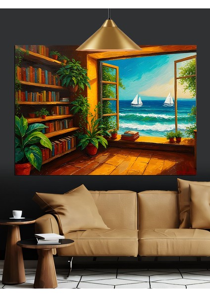 Kitaplıklı Deniz Manzaralı Oda Dekoratif Kanvas - Mdf Ahşap Tablo modelleri