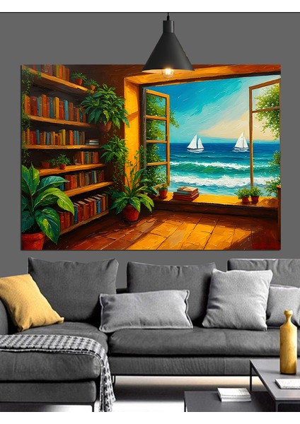 Kitaplıklı Deniz Manzaralı Oda Dekoratif Kanvas - Mdf Ahşap Tablo fırsatları