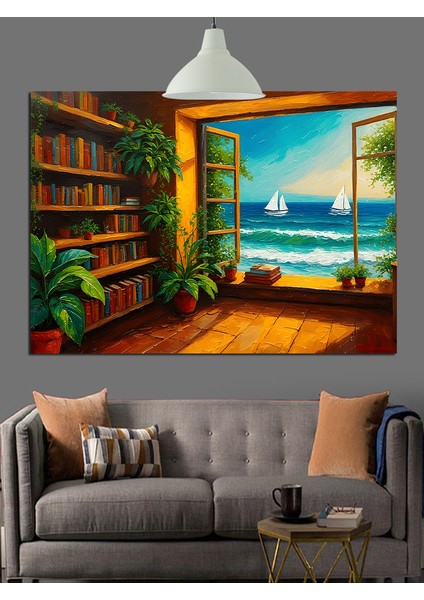 Kitaplıklı Deniz Manzaralı Oda Dekoratif Kanvas - Mdf Ahşap Tablo indirimleri