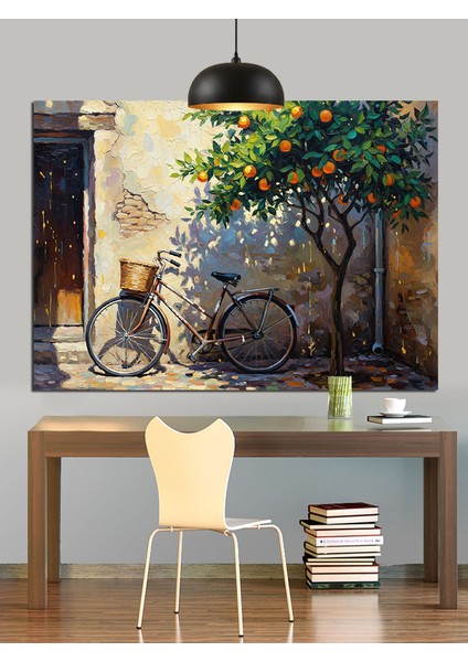 Bisiklet Ağaç Sokak Işık Dekoratif Kanvas - Mdf Ahşap Tablo