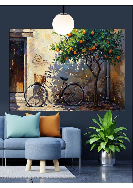 Bisiklet Ağaç Sokak Işık Dekoratif Kanvas - Mdf Ahşap Tablo fiyatları