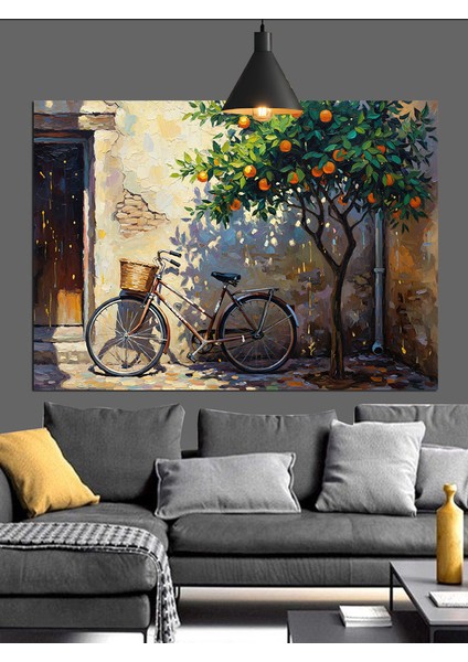 Bisiklet Ağaç Sokak Işık Dekoratif Kanvas - Mdf Ahşap Tablo fırsatları