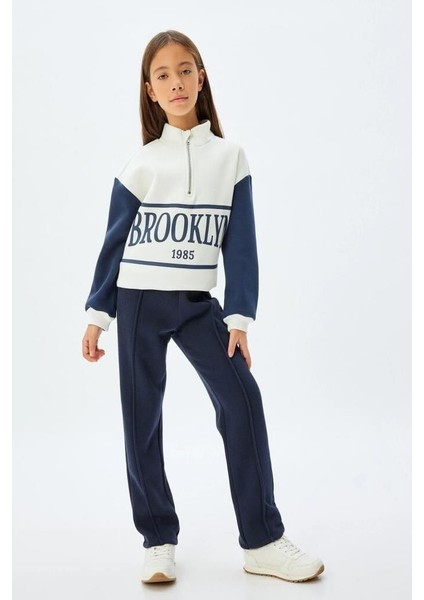 Kız Çocuk Sweatshirt Dik Yaka Yarım Fermuarlı Şehir Baskılı Uzun Kollu