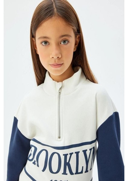 Kız Çocuk Sweatshirt Dik Yaka Yarım Fermuarlı Şehir Baskılı Uzun Kollu fiyatları