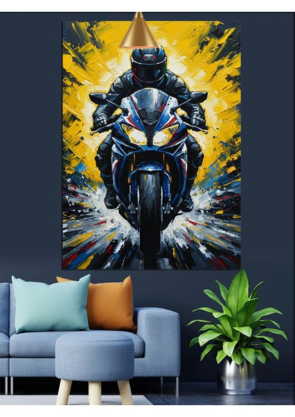 Mavi Parlayan Motosikletli Adam Sürüşü Dekoratif Kanvas - Mdf Ahşap Tablo